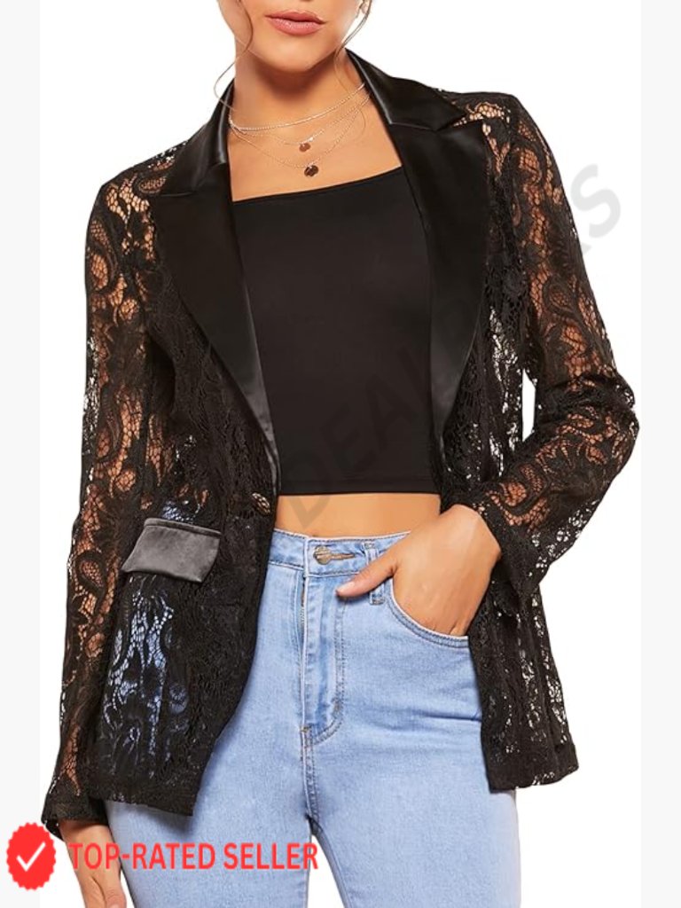 Floral Lace Mesh Blazer Elegant Office Chic Romantic Tailored Fit Long Sleeve